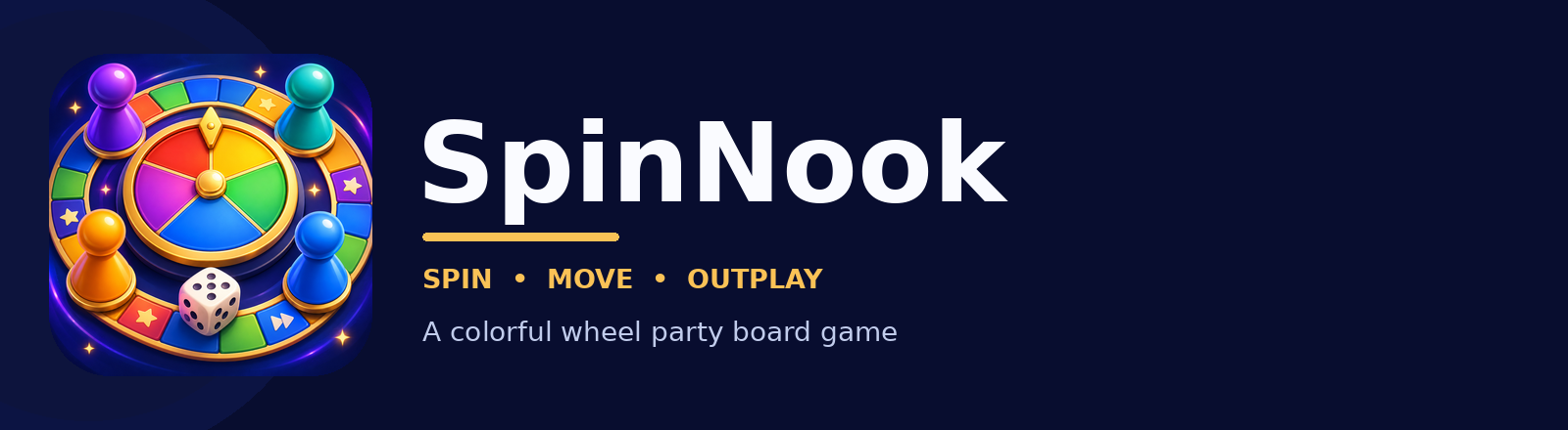 SpinNook banner with a colorful wheel, four pawns, and a die