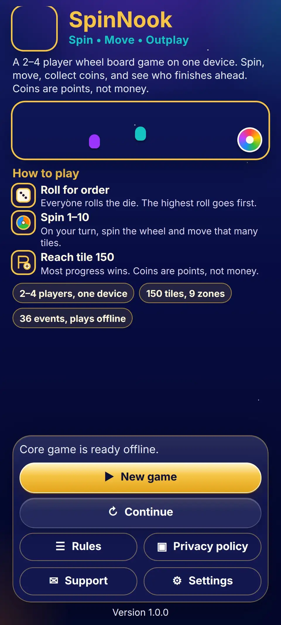 SpinNook home screen with a new game ready to start