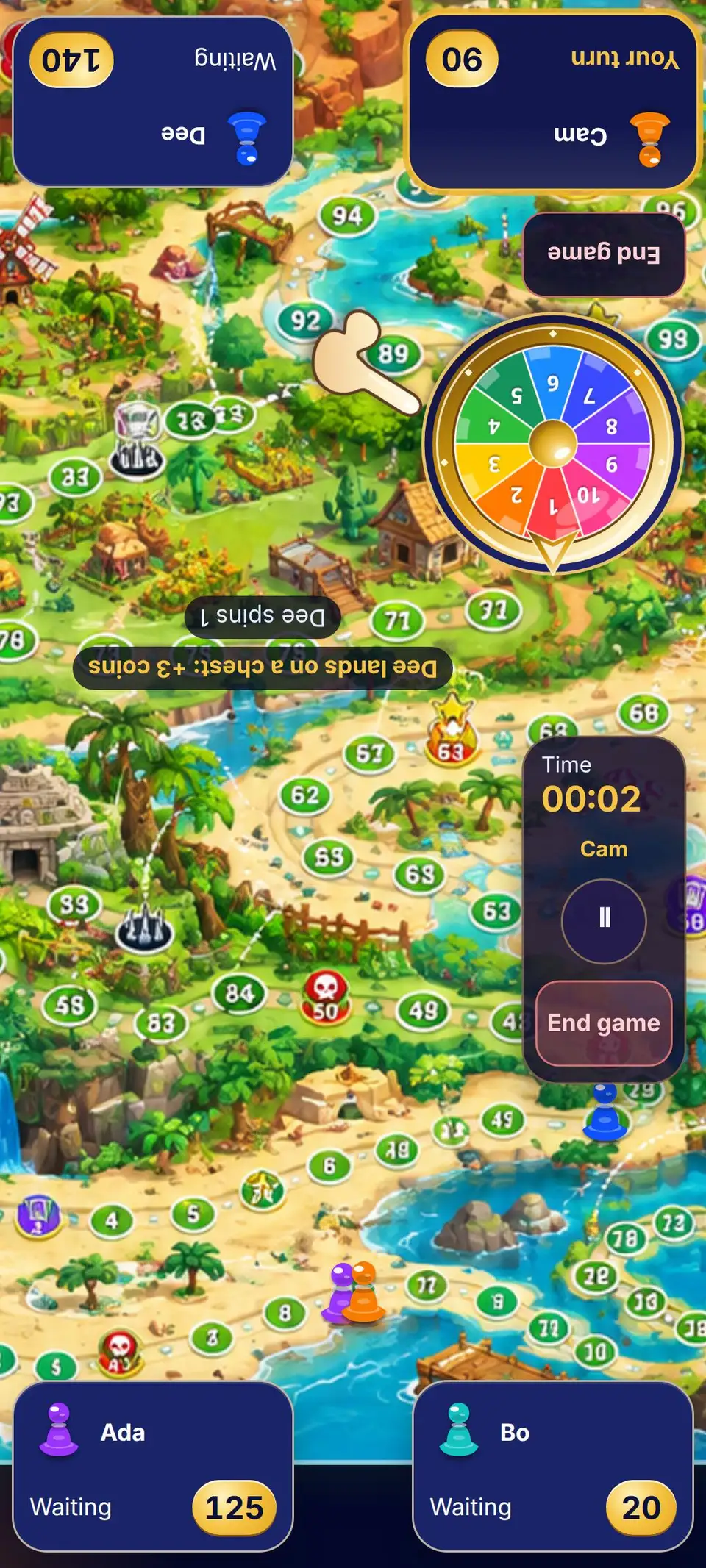 Four figurine pawns on the English world map, with the wheel and two players along each edge