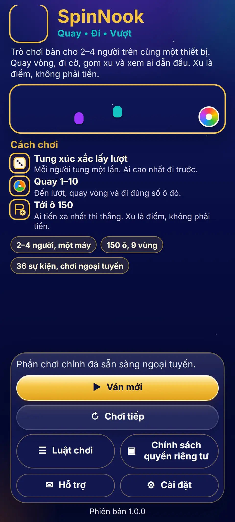 Màn hình chính SpinNook sẵn sàng mở ván mới